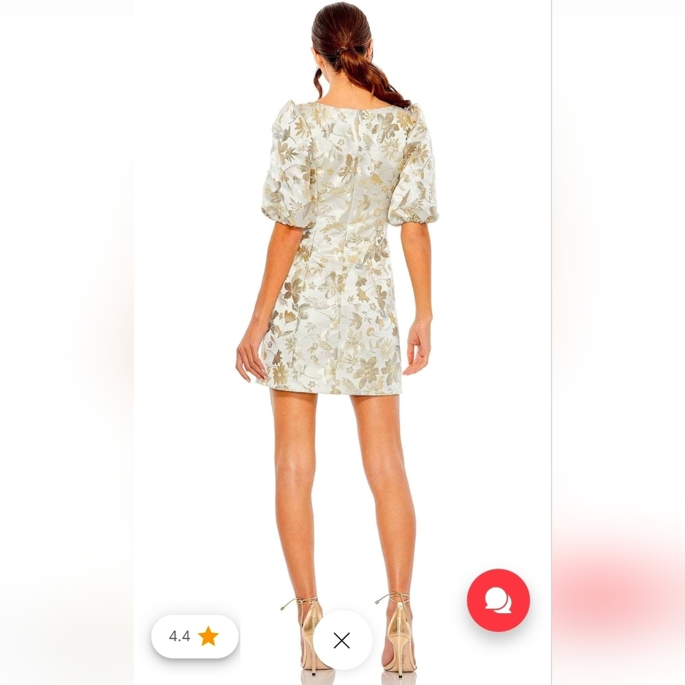 Mac Duggal White and Gold Floral Puff Sleeve Mini Dress - Picture 2 of 14